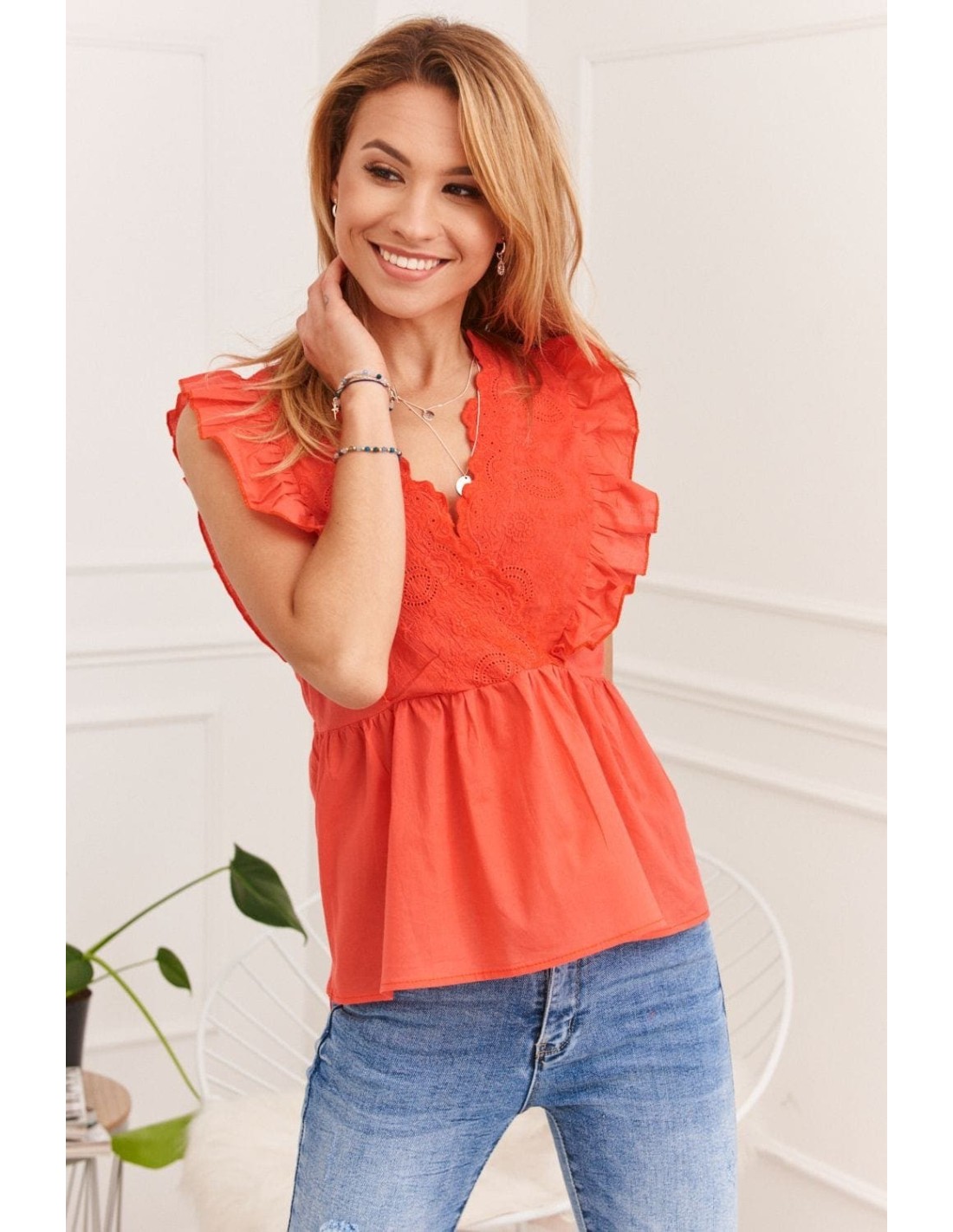 Bluza de vara dama cu brodat fata, coral 87222 - Magazin online - Boutique